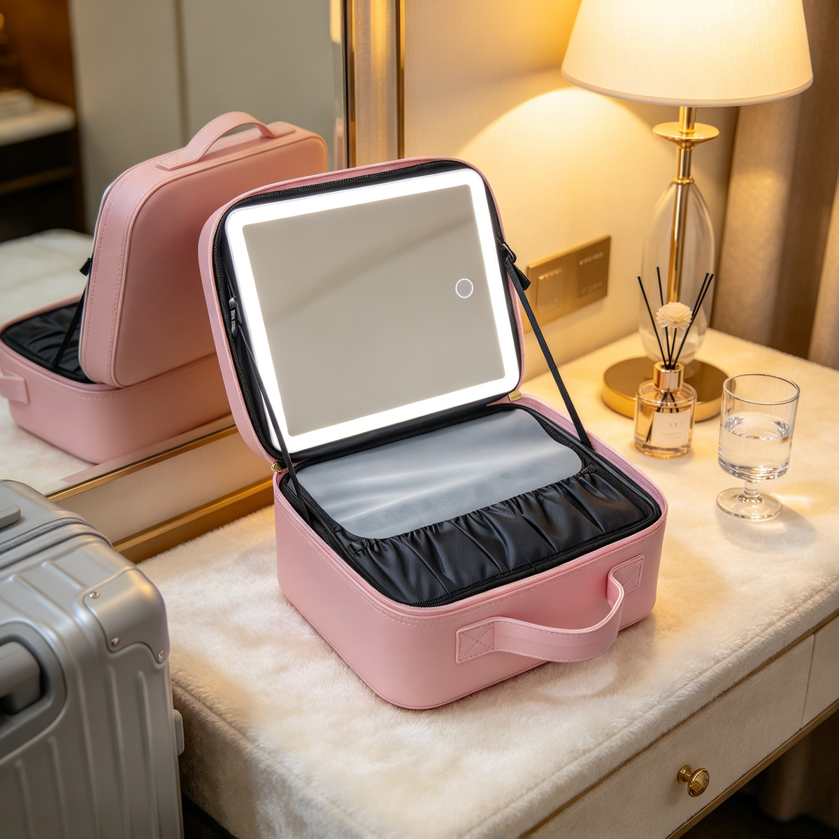 💗 Makeup Case | PU Leather Travel Vanity | Illuminated Mirror Storage