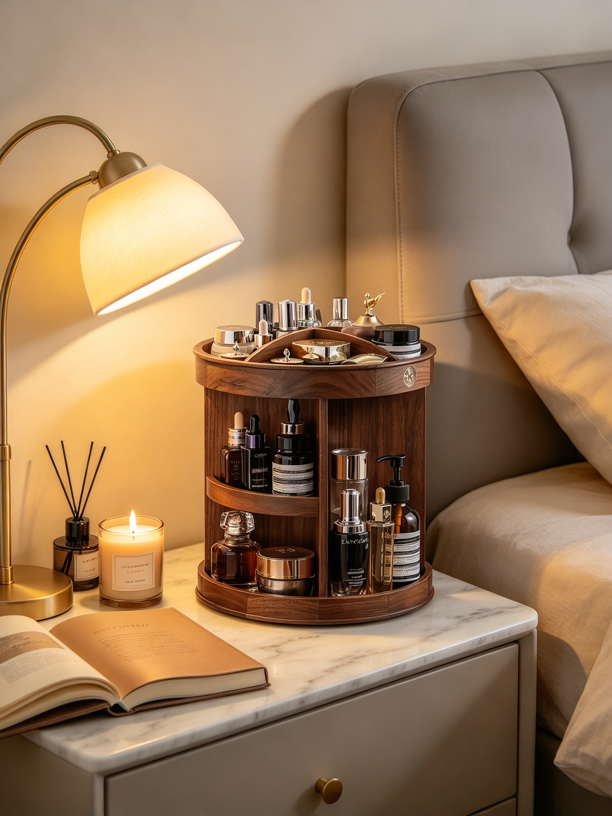 🪵 Makeup Organizer | Wooden Rotating Vanity | Elegant Beauty Storage