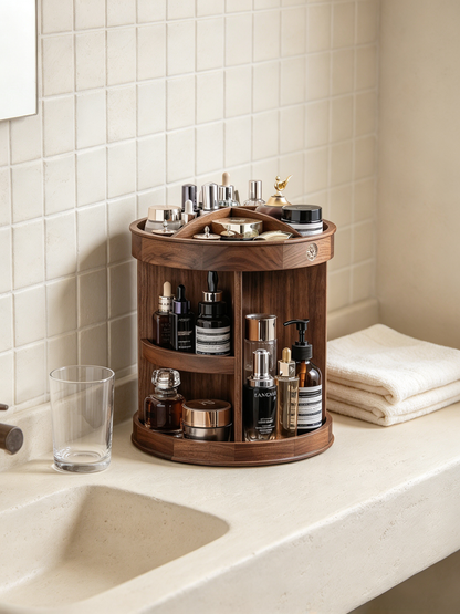 🪵 Makeup Organizer | Wooden Rotating Vanity | Elegant Beauty Storage