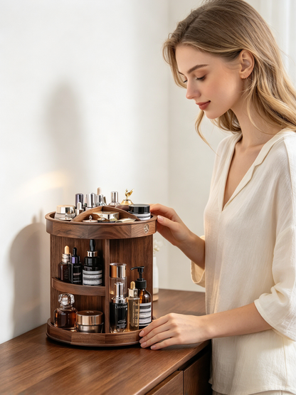🪵 Makeup Organizer | Wooden Rotating Vanity | Elegant Beauty Storage