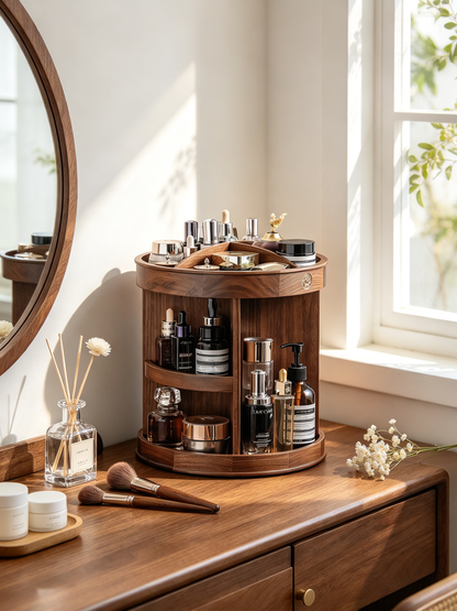 🪵 Makeup Organizer | Wooden Rotating Vanity | Elegant Beauty Storage