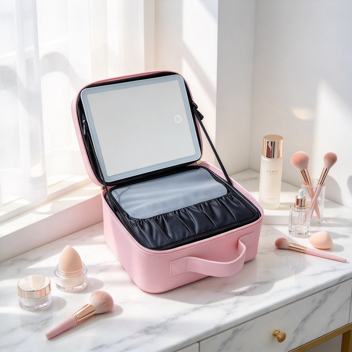 💗 Makeup Case | PU Leather Travel Vanity | Illuminated Mirror Storage