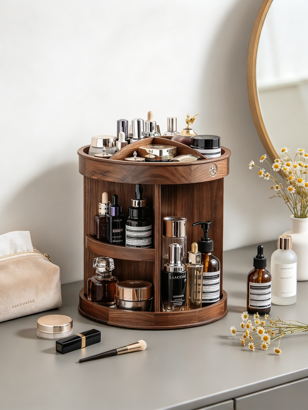 🪵 Makeup Organizer | Wooden Rotating Vanity | Elegant Beauty Storage