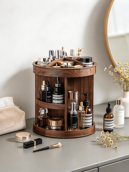🪵 Makeup Organizer | Wooden Rotating Vanity | Elegant Beauty Storage